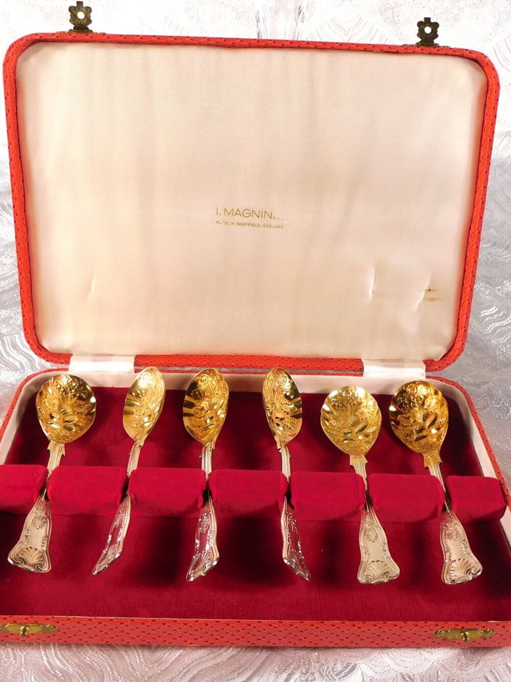 Set of Six Gold and Silver Dessert Spoons from I. Magnin in Red Case # 27340